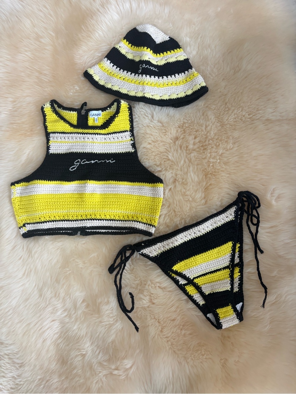 Ganni Crocheted Bikini Set with Matching Bucket Hat